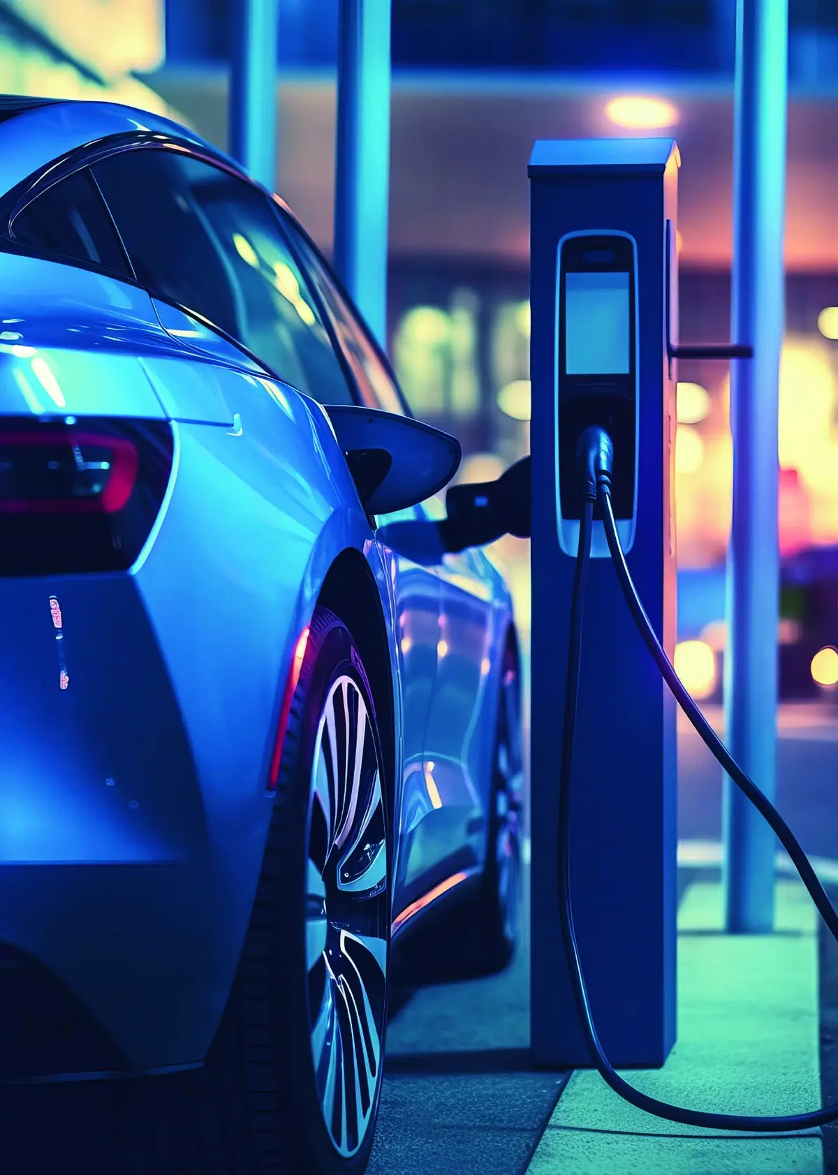 Voiture électrique en charge devant une maison le soir