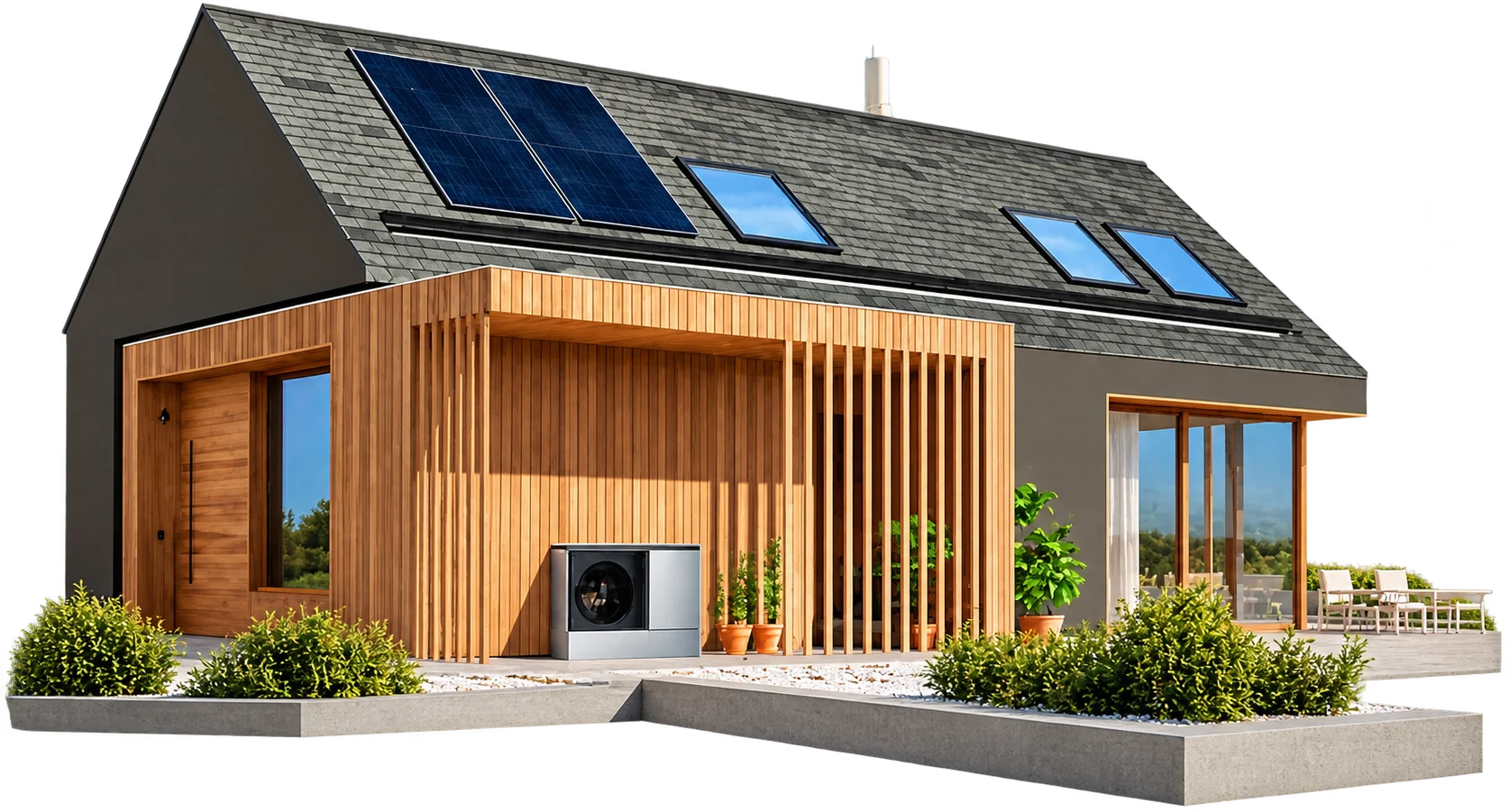 Maison contemporaine en bois équipée de panneaux solaires et d'une pompe à chaleur