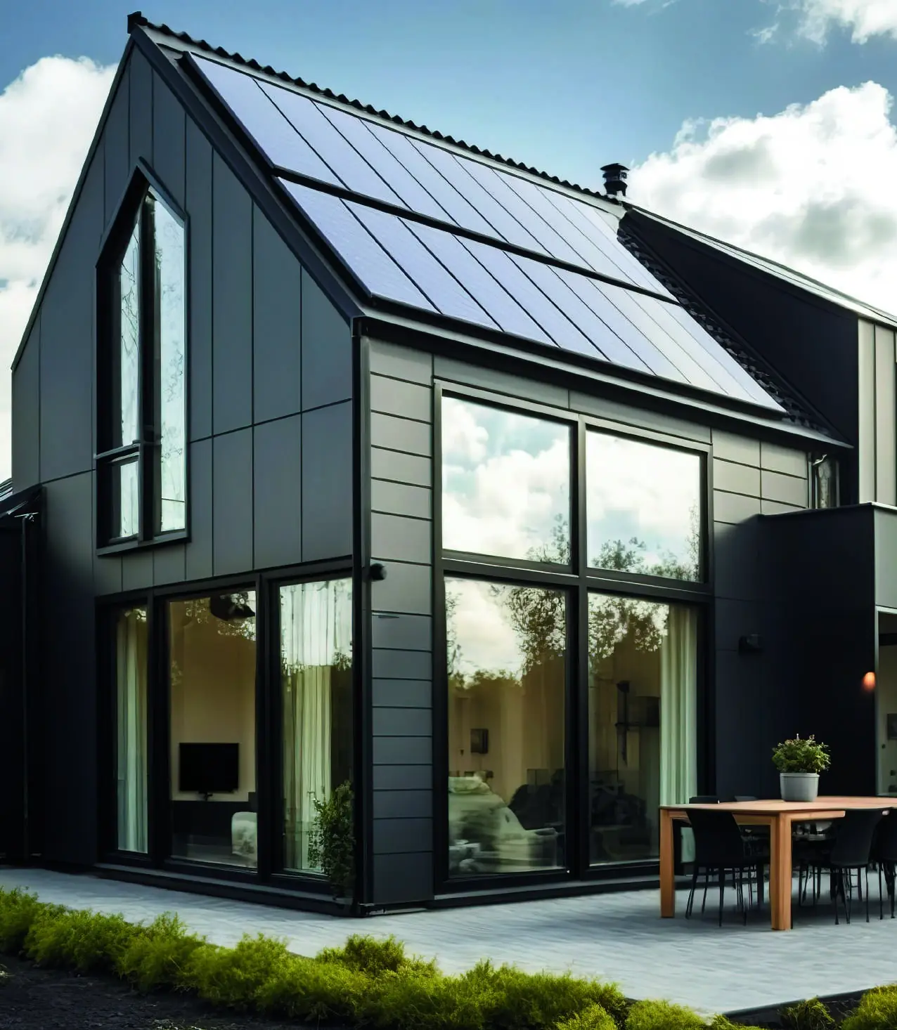 Maison contemporaine rénovée avec panneaux solaires, lumières allumées au crépuscule